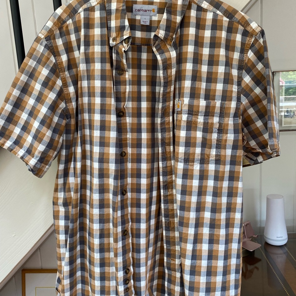 Carhartt Men's Brown and White Plaid Shirt